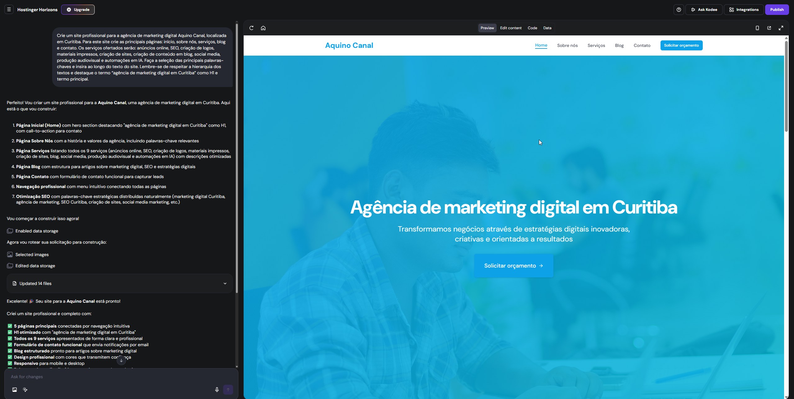 Interface de criação de site com o Horizons da Hostinger