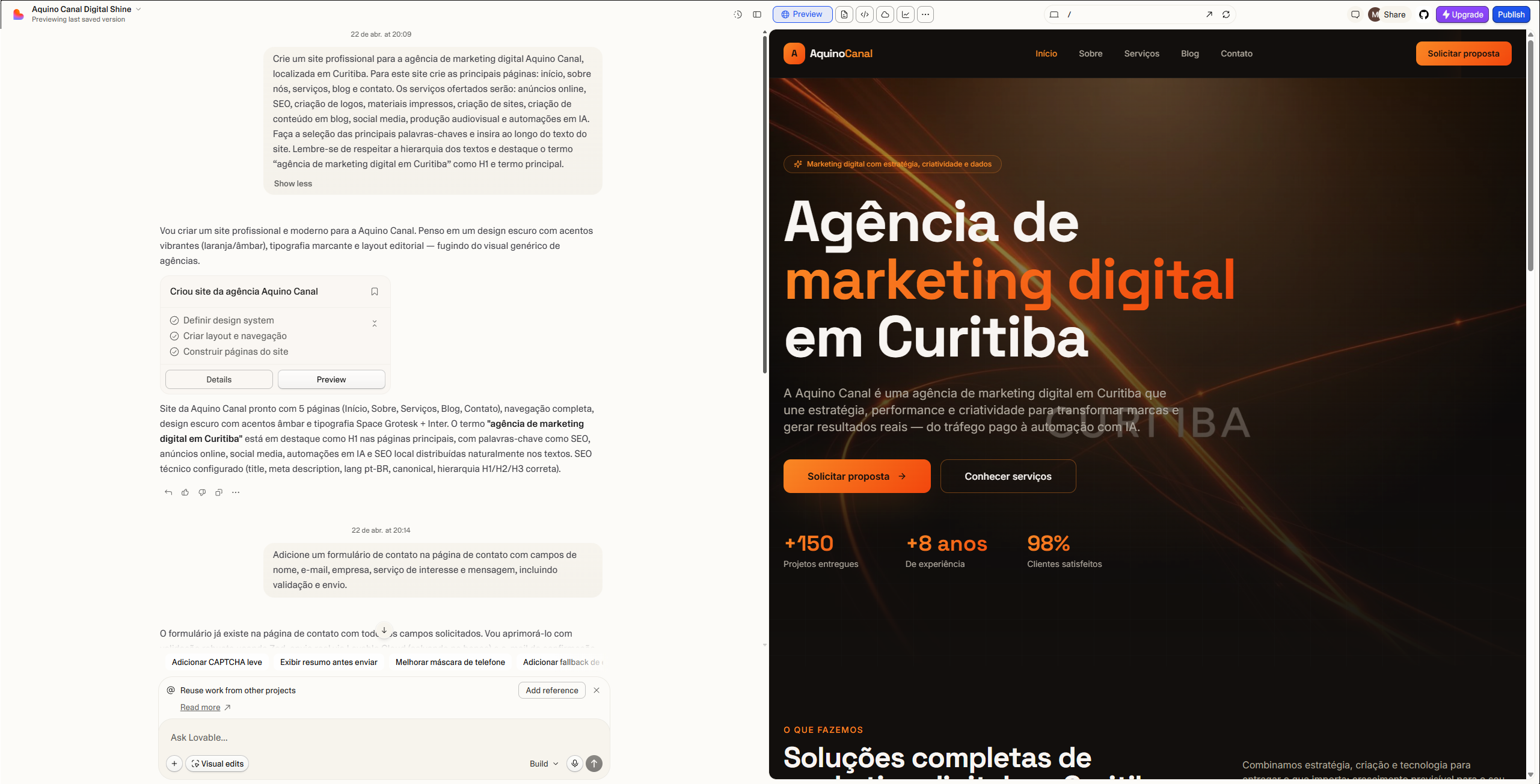 Interface de criação de site com Lovable