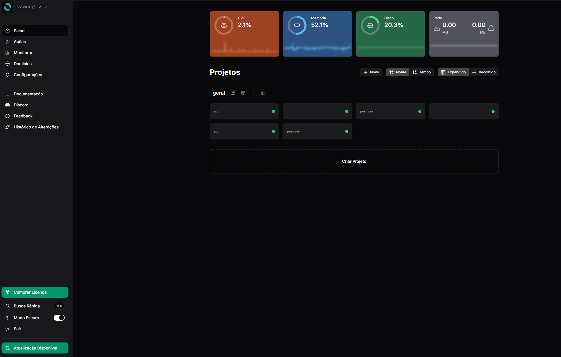 painel Easy Panel - com foco no maior uso de memória RAM ao usar n8n e ferramentas de automação